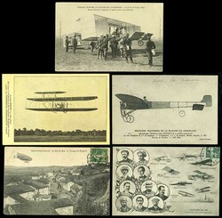 1909, 5 photo cards from France with illustrations from flight ...