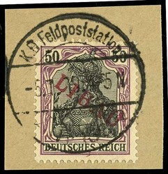 50 Pfennig Germania dunkelgraulila/schwarz mit rotem Aufdruck "LIBAU" ...