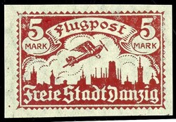 5 Mark airmail, imperforated proof print in carmine red on usual ...