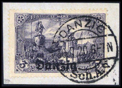 3 Mk. schwarzgrauviolett, tadellos gestplt. auf kl. Briefstück, sign ...