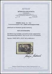 3 Mk. schwarzgrauviolett, tadellos gestplt. auf kl. Briefstück, sign ...