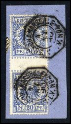 20 Pfg., tadelloses senkr. Zwischenstegpaar auf Leinen-Briefstück, ...