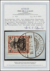 50 Pfg., tadelloses und sauber gestempeltes Briefstück, Fotoattest ...