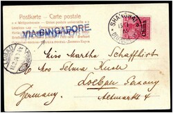 SHANGHAI 15/1 04, auf tadelloser Postkarte mit blauem Leitstempel VIA ...