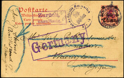 SCHANGHAI 3/2 17, auf Postkarte 4 C. nach Belgien (Beförd.-Spuren). ...
