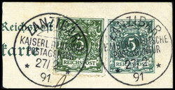 5 Pf., auf Ganzsachen-Ausschnitt 5 Pf. mit zwei ideal aufges. Stempel ...