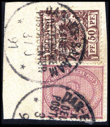 2 Mk. mittelrosalila zus. mit 50 Pfg. lilabraun, beide in tadelloser ...