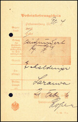 21/2 16, gelochter Post-Einlieferungsschein mit violettem L1 MOROGORO ...