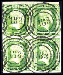 4 Pfg., besonders schöner, farbfrischer Viererblock (re. Marke ...