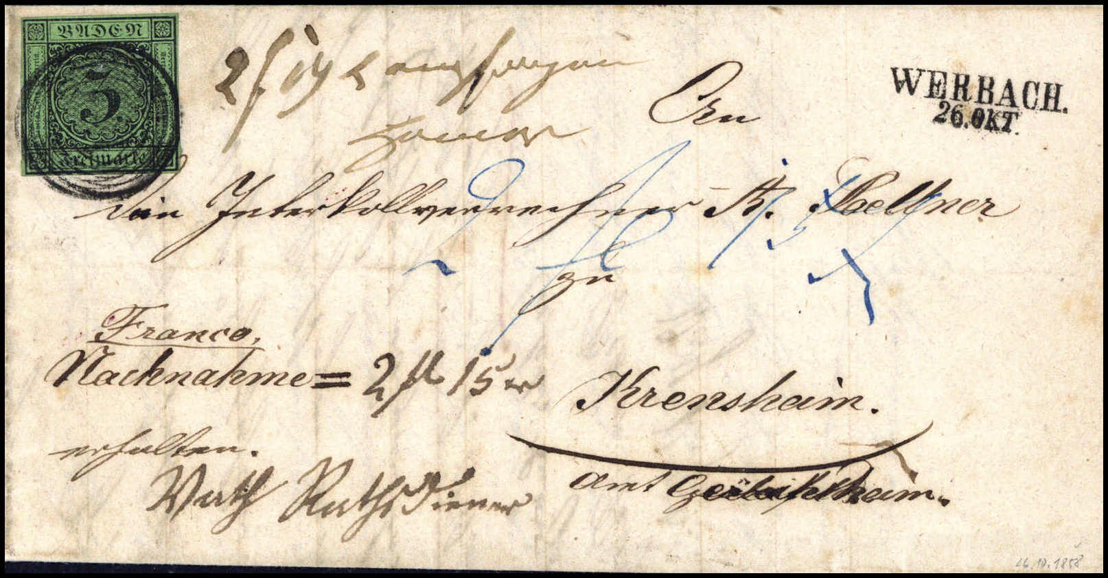 "169" WERBACH, frischer Kabinett-Nachnahmebrief mit vollrandiger 3 Kr ...