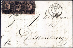 1 Sgr., waagr. Kabinett-Dreierstreifen mit zentr., klaren Stempeln ...