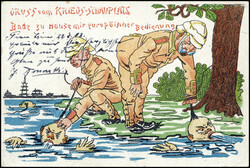 China: 1902, seltene, farbige Spott-Ansichtskarte "Gruß vom ...
