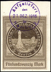 25 Mk., tadelloses Exemplar auf Wertkarten-Abschnitt mit dekorativ ...