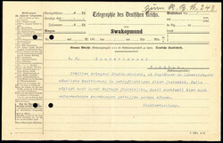 1914, Gouvernements-Telegramm von Swakopmund nach Windhuk: "Erbitten ...