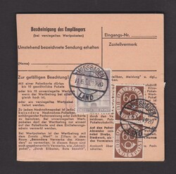 Paketkarte Bizone Mi.2x 98IIwg und BRD Mi.129, 2x 135 von Wiesbaden- ...