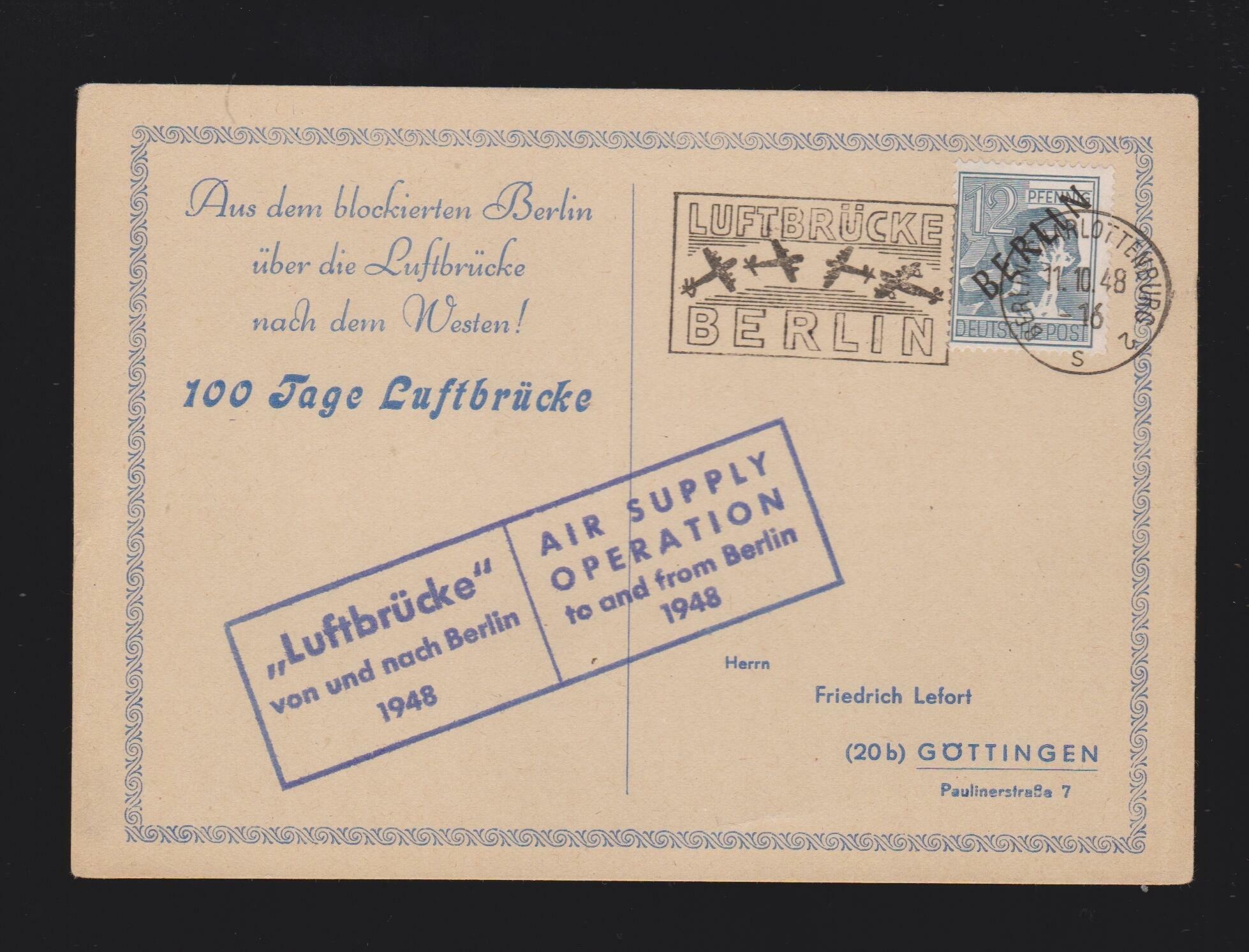 Sonderkarte zum Anlass 100 Tage Luftbrücke, Karte Berlin EF Mi.5 mit ...