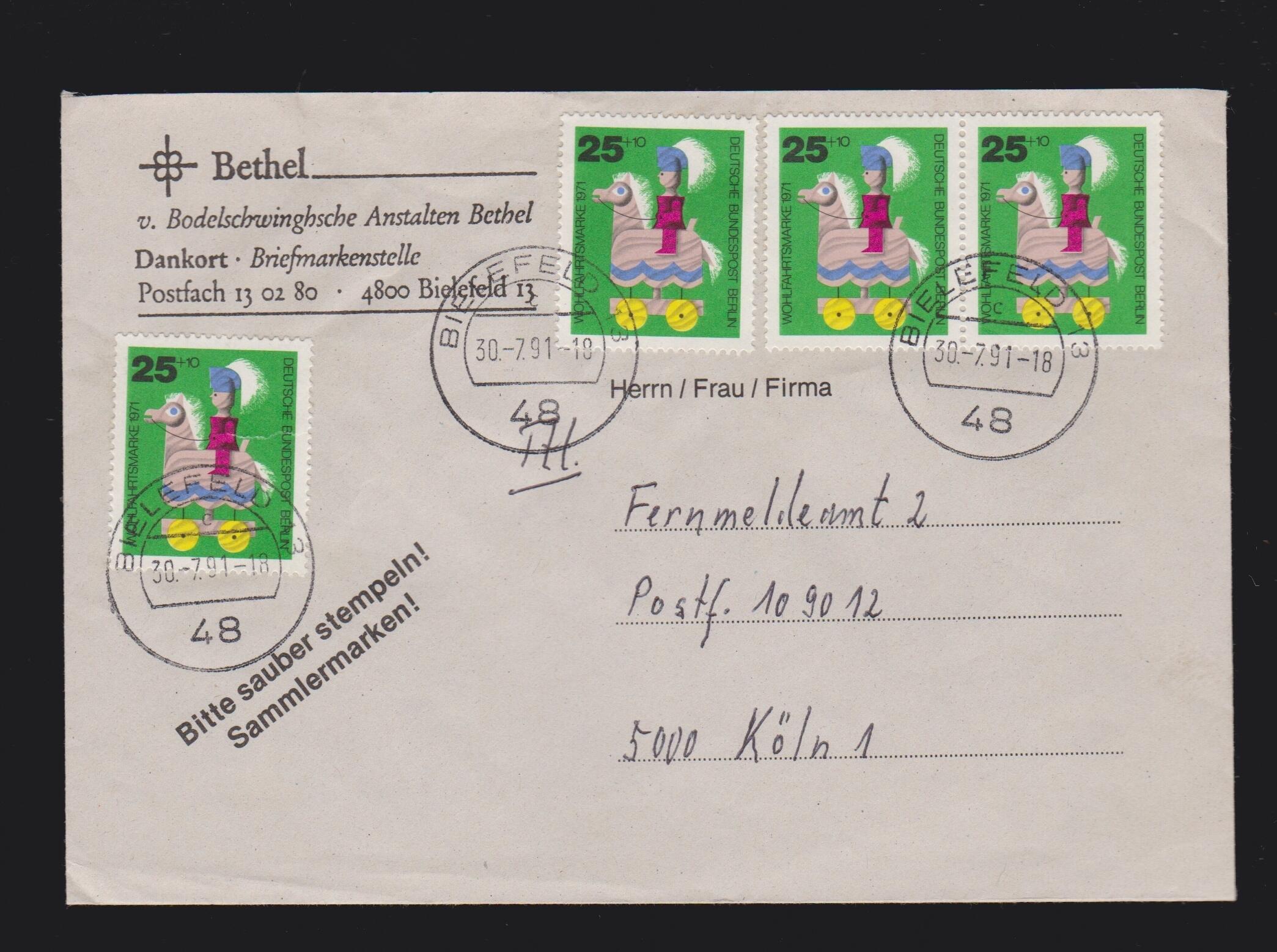 Brief Berlin MeF Mi.4x 413 von Bielefeld nach Köln vom 30.7.1991 ...