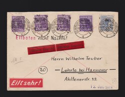 Brief SBZ Mi.2x 167I, 180I Bezirkshandstempel, 183 und Bizone Mi.37I ...