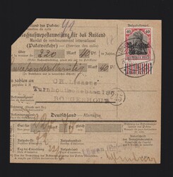 Postanweisung dt. Besetzung 1.WK Belgien Mi.14, 20 von Löwen nach ...