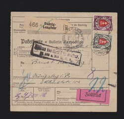 Paketkarte Danzig Mi.197, 201 von Danzig- Langfuhr nach Königsberg ...