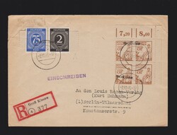 Brief SBZ MeF Mi.4x 15 (4er Eckrandzusammendruck) und alli. Besetzung ...