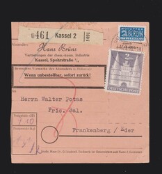 Paketkarte Bizone Mi.98IIwg und BRD Mi.128 von Kassel nach ...