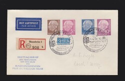 Ersttagsbrief BRD Mi.179, 180, 184, 188 per Luftpost und Einschreiben ...