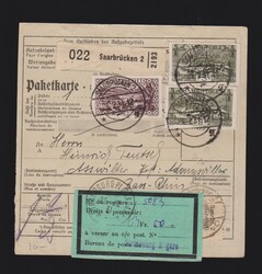 Paketkarte dt. Abstimmungsgebiet Saargebiet Mi.115, 2x 120 von ...