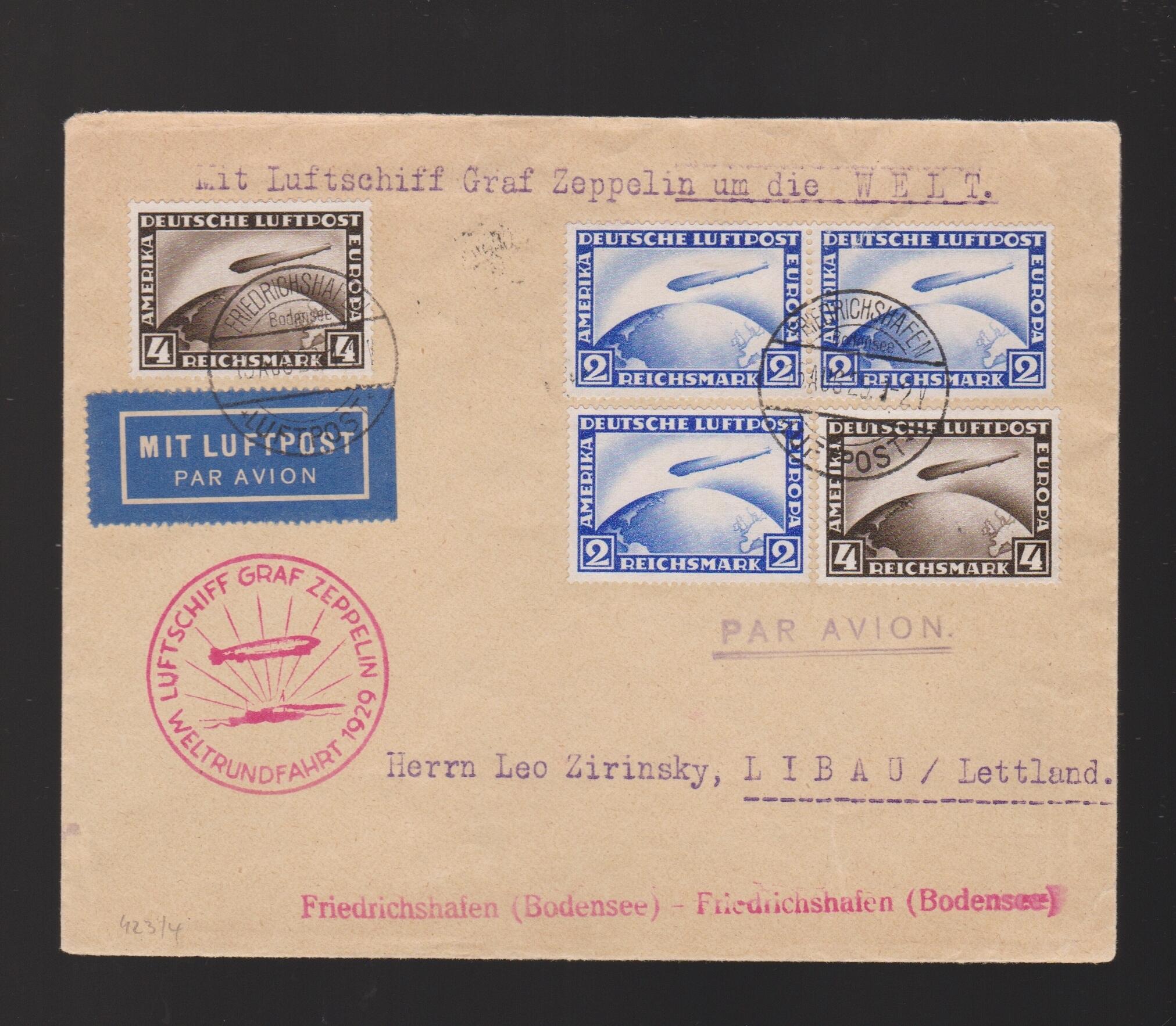 Brief DR Mi.3x 423, 2x 424 per Luftpost mit Luftschiff Zeppelin LZ127 ...