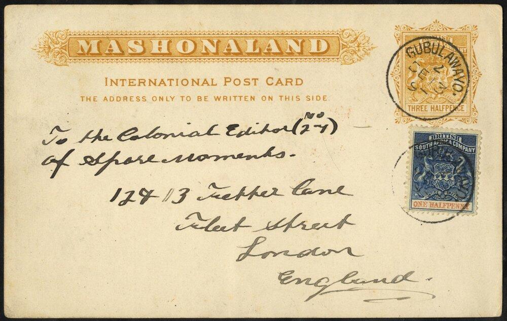 1894 (13 Dec) Mashonaland 1½d card to London, uprated with 1892 ½d, ...