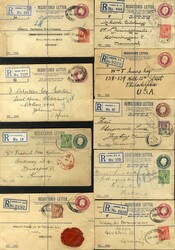LONDON KGV post office registered envelopes uprated to foreign ...