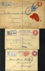 LONDON KGV post office registered envelopes uprated to foreign ...
