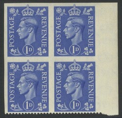 1951 1d light ultramarine IMPERFORATE THREE SIDES block of four UM, ...