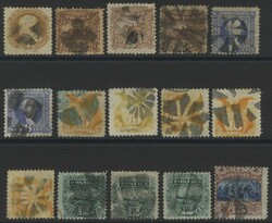 1869 duplicated U selection with fancy cancels 1c, 2c (3), 6c (2), ...