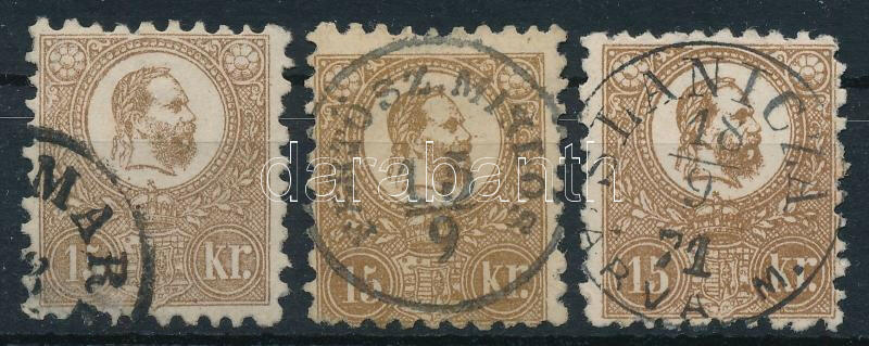 1871 3 db K?nyomat 15kr klf színárnyalatban (1 bélyegen kis ...