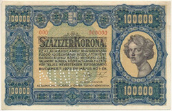 1923. 100.000K "Orell Füssli Zürich", "MINTA" perforációval, ...
