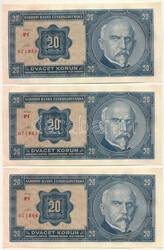 Csehszlovákia 1926. 20K (3x) közeli sorszámok: "Pf 071850, Pf ...