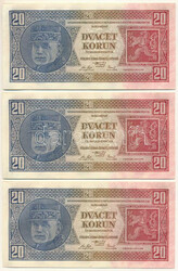Csehszlovákia 1926. 20K (3x) közeli sorszámok: "Pf 071850, Pf ...