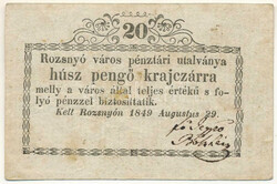 Rozsnyó 1849. 20kr "Rozsnyó város pénztári utalványa" jobb ...