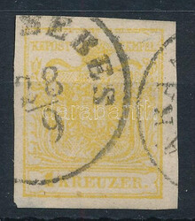 1850 1kr MP.III. krómsárga, Ladurner vízjelrészlettel / 1kr MP ...