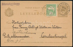 1908 Díjkiegészített díjjegyes levelez?lap Konstantinápolyba ...