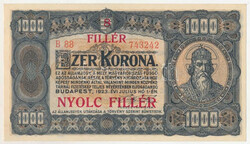 1923. 1000K piros "8 FILLÉR - NYOLC FILLÉR" felülbélyegzéssel, ...