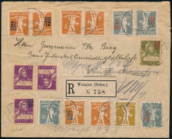 1921 Ajánlott levél 15 db bélyeggel, továbbküldve / Registered ...