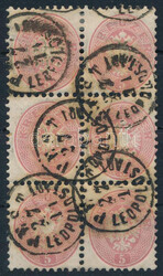1864 5kr hatostömb / block of 6 (MBK ca. 1200 p) "PEST / ...