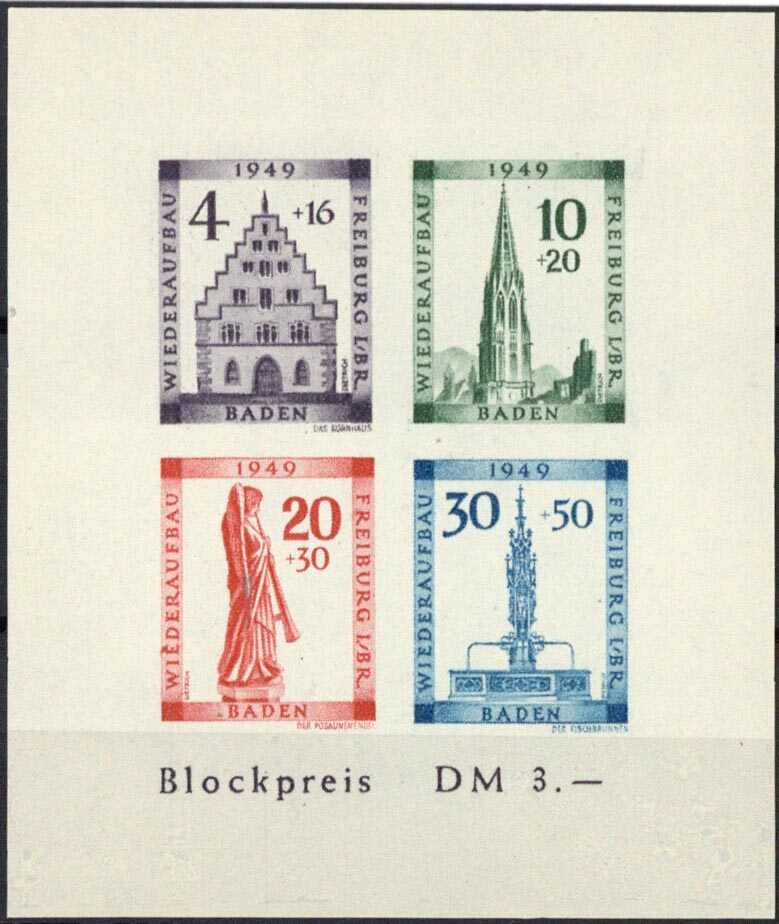 Wiederaufbau-Block, ungezähnt, mit Plattenfehler VI, tadellos **, ...