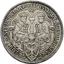 3 RM 1927 A Nordhausen, AKS 76, Patina, Anhaftungen, kl. Randdelle, ...