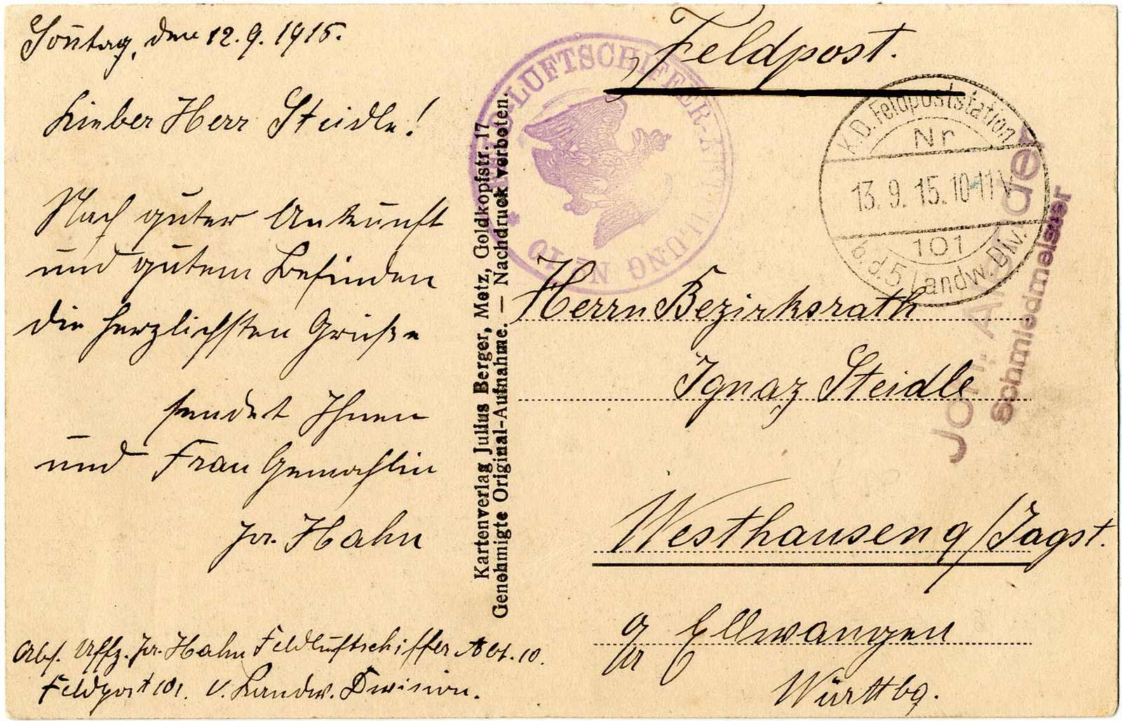 Lot 828 - Zeppelin,Zeppelinpost im 1. WK,Feldpostbelege Luftschiffer, Zeppelin  -  Karl Pfankuch & Co. auction #222