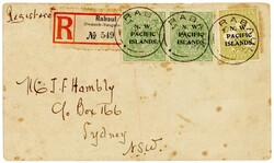 1918: RABAUL, drei klare Abschläge auf Einschreibebrief frankiert ...