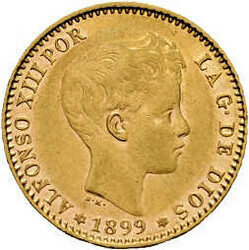 20 Pesetas Alfonso Xlll 1899, Gold 900er, KM# 709, ss.