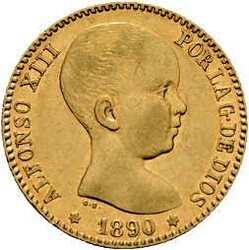 20 Pesetas Alfonso Xlll 1890 MP-M, Gold 900er, KM# 693, ss.